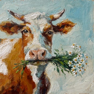 Pintura de vaca, pintura de animales, pintura al óleo original, vaca con flores, decoración de pared de granja, arte de pared pequeño, 6'' x 6''