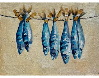 Sardine Painting Fish Painting Original Art Kitchen Wall Decor Coastal Rustic Art Seafood Wall Art Food Painting Nautical Fishing Gift