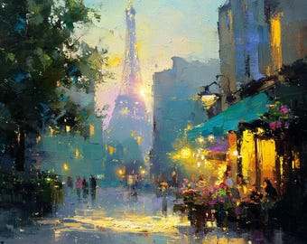 Paris Painting: Eiffel Tower Oil Art, Original French Painting, Romantic Evening Cityscape