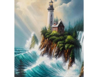 Lighthouse Painting Original Oil Art Island Painting Ocean Wave Painting Canvas Painting Seascape Wall Art Nautical Artwork Gift 10x14