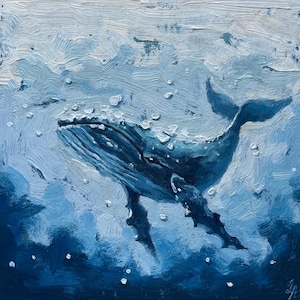 Pintura al óleo de ballena jorobada, arte original, animales, obras de arte, decoración de pared marina, regalos para él, arte de pared pequeño empaste, 6'' x 6''