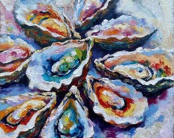 Oyster Painting Original Art Seafood Oil Painting Coastal Artwork Kitchen Wall Decor Food Art Still Life Painting Gift for Foodies