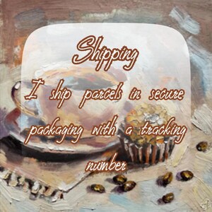 May include: An oil painting depicting a cup of dark coffee on a saucer next to a small cupcake in a paper liner, with several scattered coffee beans on a textured surface, rendered in warm brown, tan, and cream tones with visible brushstrokes.