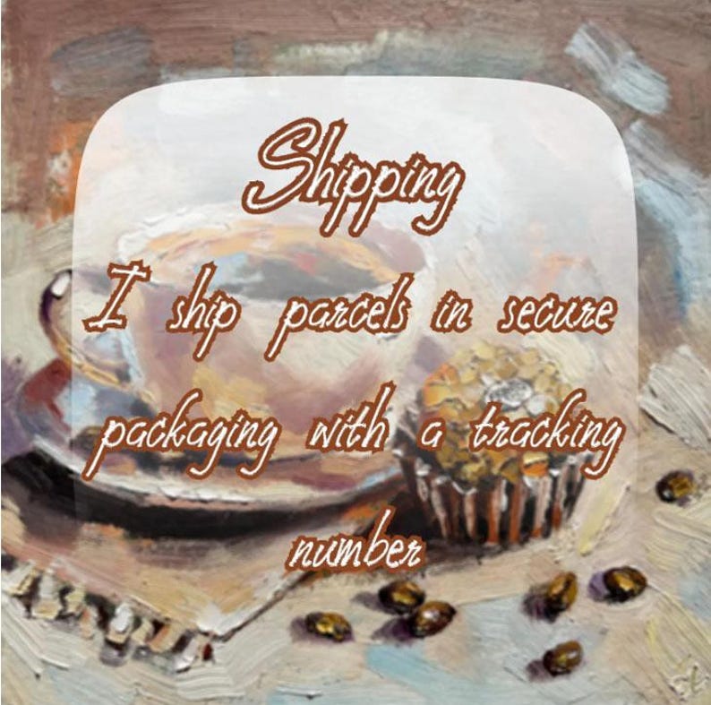 May include: An oil painting depicting a cup of dark coffee on a saucer next to a small cupcake in a paper liner, with several scattered coffee beans on a textured surface, rendered in warm brown, tan, and cream tones with visible brushstrokes.