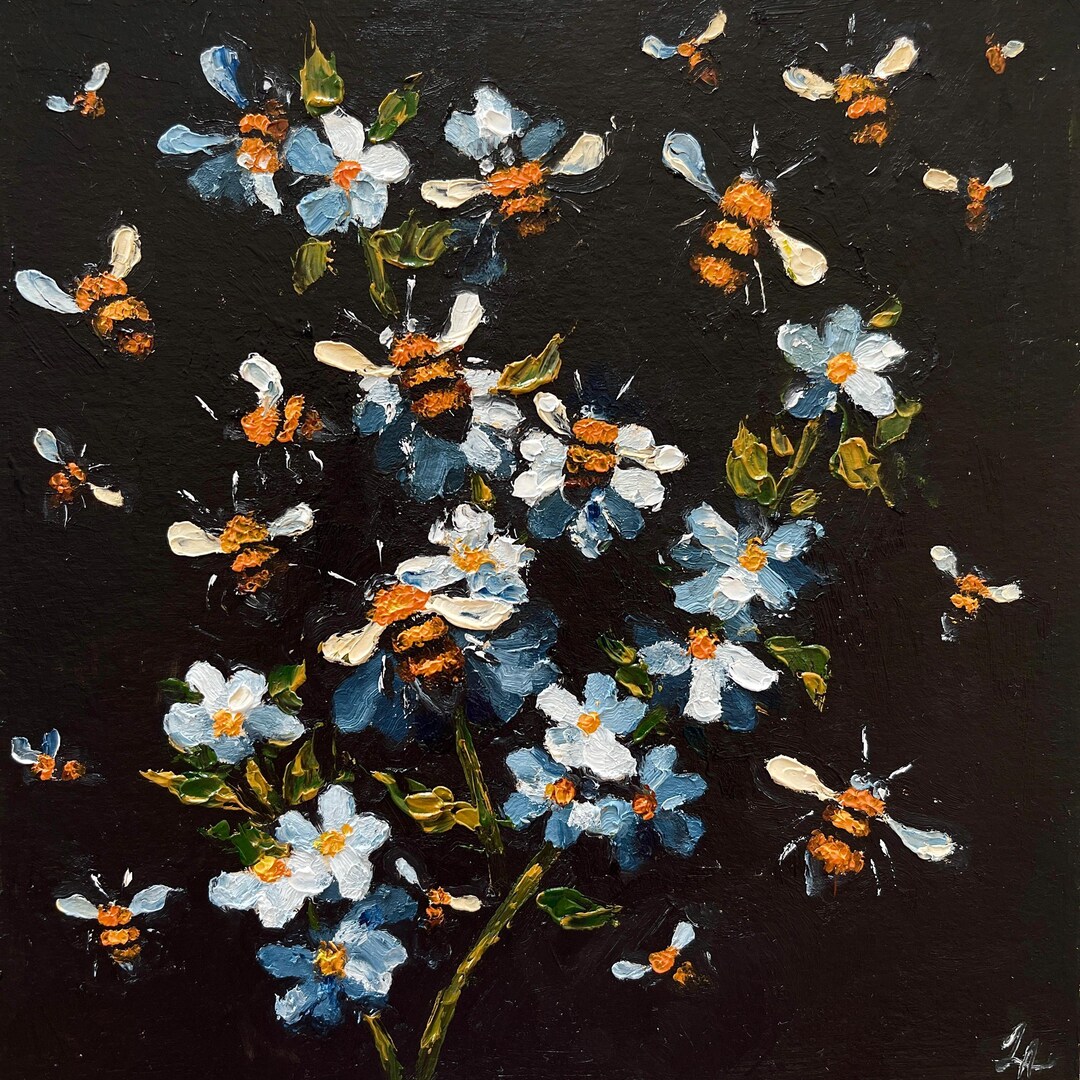 Honey Bee Oil Painting Blue Flowers Dark Painting Wildflowers Wall Art ...