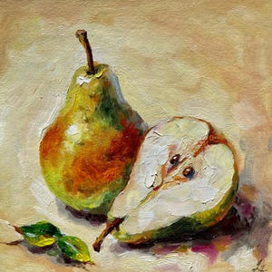 Pintura al óleo de pera, arte original, bodegón de frutas, pintura de comida, pequeña obra de arte de cocina, pintura de empaste, decoración rústica de granja, regalo, 6 por 6