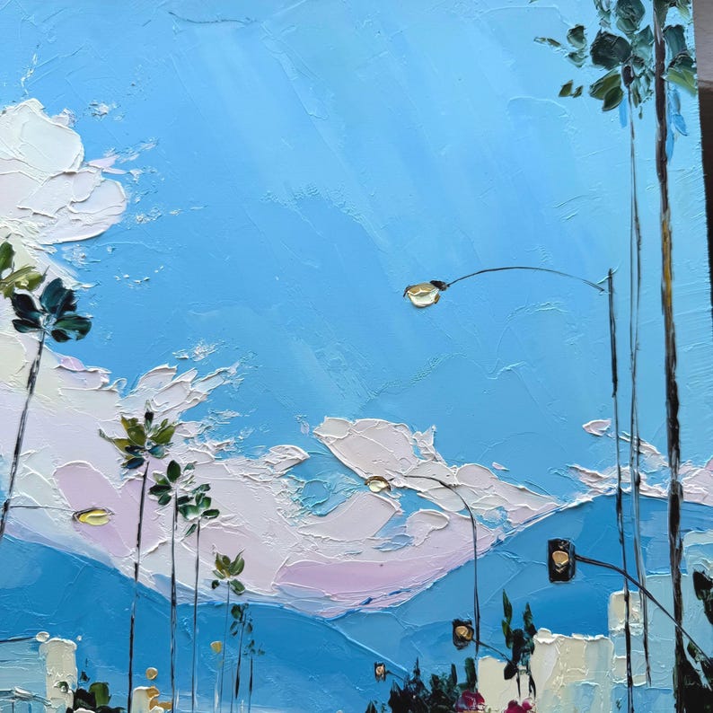 May include: An oil painting featuring a bright blue sky with thick, textured white and pale pink clouds. Tall, slender palm trees rise vertically, while thin street lamp poles extend across the scene. The bottom shows abstract building shapes.