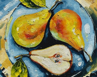 Pear Oil Painting Original Art Fruit Still Life Painting Small Kitchen Artwork Food Art Rustic Farmhouse Decor Gift for Home