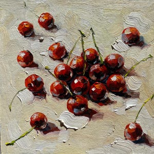 Cherry Painting Original Art Impasto Oil Painting Kitchen Wall Art Still Life Food Art Rustic Farmhouse Decor Fruit Artwork Gift for Foodies
