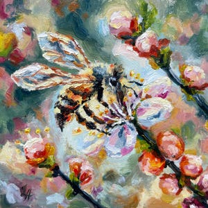 Pintura de abejas Obra de arte original Animal Pintura al óleo Abeja Pared Arte Flores Regalos 6'' x 6''