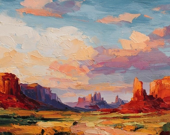 May include: An oil painting of a desert landscape featuring red rock formations under a vast sky. The scene displays thick, textured brushstrokes in shades of orange, red, purple, and blue, capturing clouds illuminated by sunset light over the terrain.