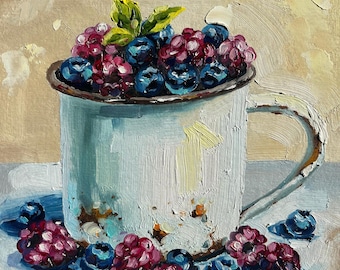 Vintage Mug with Berries Oil Painting: Rustic Still Life Wall Art, Small Oil Painting, Nostalgic Country Kitchen Decor