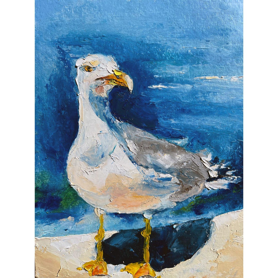 Seagull Oil Painting Original Art Coastal Bird Wall Art Blue Seaside ...