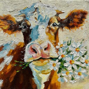 Pintura de vaca, pintura de animales, pintura al óleo original, vaca con flores, margaritas, acogedora decoración de pared de granja, regalo para ella, arte de pared pequeño de 8 x 8