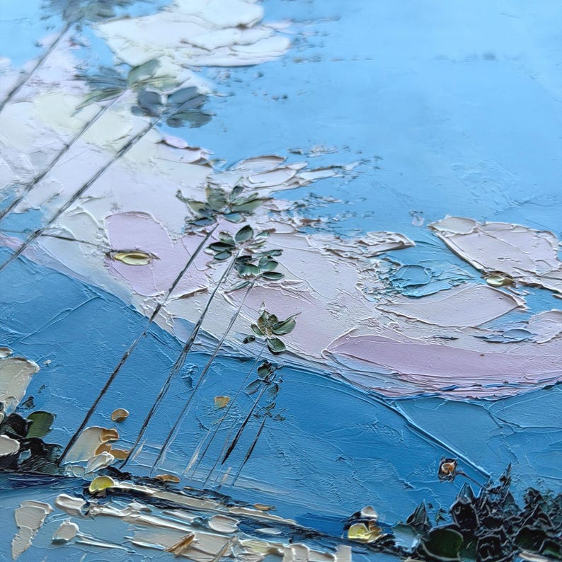 May include: An oil painting featuring a textured impasto technique with thick paint strokes. The scene depicts tall, slender palm trees against a bright blue sky filled with soft, layered clouds in shades of white and pale pink, with dark foliage below.
