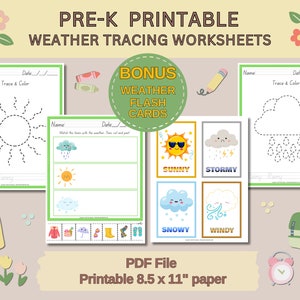 Planilhas para impressão do clima |Páginas de rastreamento do clima para crianças e pré-escola |Flashcards do clima |Cartas de rastreamento do clima para alunos iniciantes