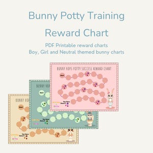 May include: Three bunny-themed potty training reward charts in pink, green, and tan. Each chart features a path of circles and stars, with a bunny illustration. Text includes "Bunny Potty Training Reward Chart" and "Bunny Hops Potty Success Reward Chart."