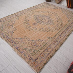 Pu&ograve; includere: Un tappeto rettangolare dall'aspetto invecchiato, con una palette di colori pesca e beige sbiaditi. Il tappeto presenta un disegno floreale centrale con accenti di blu, verde e viola. Il bordo ha un motivo dettagliato. Il tappeto &egrave; posato su un pavimento in legno chiaro.