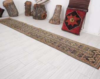 May include: A long, narrow runner rug with a geometric pattern in shades of brown, beige, and green. The rug has a fringe on both ends.