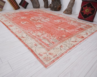 Alfombra de 7x10, Alfombra vintage extragrande, Alfombra Oushak de tonos apagados, Alfombra turca de 7x10, Lana, Descolorida, Alfombra vintage grande, Alfombra de área hecha a mano, Alfombra neutra, Alfombra, Alfombra, 653