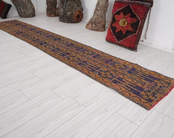 May include: A long, narrow rug with a blue, orange, and yellow geometric pattern. The rug is on a white wood floor.