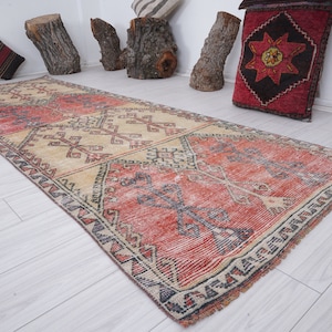 Turkish Runner Rug,Vintage Runner 4x11,Oushak Rug Runner,4x11 Runner,Handmade Wool Rug,Neutral Runner,Vintage Rug 4x11,Faded,Rug,Runner,355