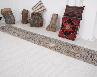 May include: A long, rectangular rug with a blue and beige geometric pattern. The rug is laid out on a white wooden floor.