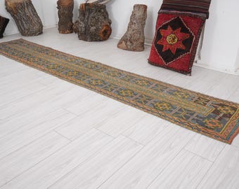 May include: A long, narrow rug with a colorful geometric pattern in shades of blue, green, yellow, and orange. The rug is laid out on a white wooden floor.