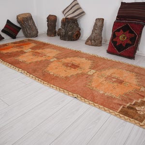 4x11 Runner,Oushak Runner,Vintage Runner Rug,Turkish Runner 4x11,Faded Rug,Handmade Runner Rug,Vintage Rug 4x11,Neutral Runner,Faded,1005