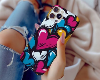 May include: A phone case with a colorful design featuring hearts, swirls, and abstract shapes. The case is made of a durable material and has a sleek, modern look.