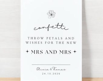 Hochzeitskonfetti Zeichen - “Blütenblätter werfen und Wünsche für den neuen Mr & Mrs” – Bearbeitbare Canva Vorlage