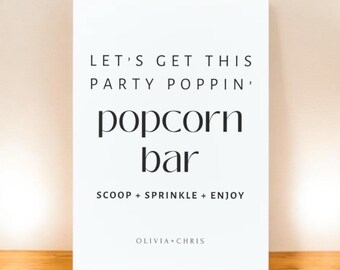 Editable Popcorn Bar Wedding Sign – “Let’s Get This Party Poppin” – Minimalist Printable Canva Template