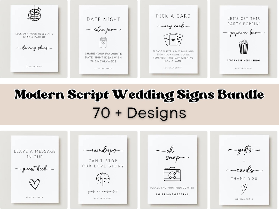 Modern Script Wedding Sign Set: 70+ Editable Designs (instant Download ...