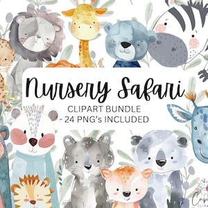 Baby Safari Tiere Clipart, Aquarell Safari Tiere Clipart, Kinderzimmer Dekor, Elefant Löwe Giraffe, Opia Designs, Baby Tiere Clipart