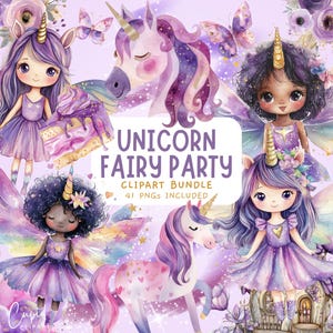 Clipart de hada unicornio pastel morado, clipart de fiesta de unicornio, unicornios pastel, hadas lilas de acuarela, invitación de fiesta de cumpleaños de niña pastel