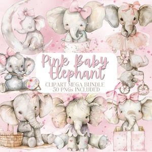 Watercolor Pink Baby Elephant Clipart, Cute Elephant PNG, Girl Elephant Nursery Decor, Baby Shower Clipart, Nursery Art, floral elephant png