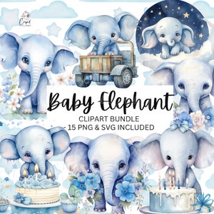 Clipart de elefante bebé en acuarela, clipart de animales lindos, clipart de baby shower, descarga digital, elefante durmiendo, clip art de elefante, SVG