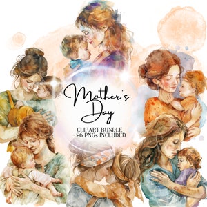 Watercolor Mother&#39;s Day Clipart Bundle, Mom Clipart Bundle,  family clipart, boho mothers day, Mother&#39;s day gift, Mom and baby png Graphics,