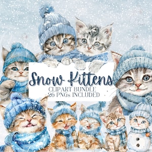 Clipart chatons des neiges, illustrations de chats, chats d'hiver aquarelle, graphiques de chat botanique, chat mignon PNG, clipart chat d'hiver