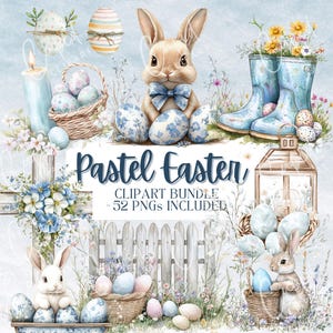 Pacote de clipart de Páscoa em tons pastel azul, ovo de Páscoa em aquarela, coelho da Páscoa, clipart de primavera, cesta de Páscoa, feliz Páscoa PNG, ovos de Páscoa,