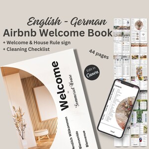 以下が含まれることがあります： 英語とドイツ語で書かれた44ページのAirbnbウェルカムブック。ウェルカムサインと清掃チェックリスト付き。Canvaで編集できるように設計されており、木製の壁と植物のある部屋の写真が掲載された、モダンでミニマルなデザインを採用しています。