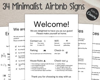 Modelli di segni Airbnb minimalisti, regole della casa, segnale Wi-Fi, pacchetto di segni di casa Airbnb, modelli Canva stampabili, segno di benvenuto VRBO modificabile