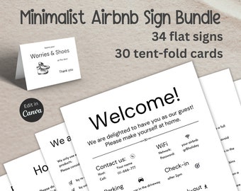 Modelli di cartelli Airbnb minimalisti, regole della casa, cartello wifi, pacchetto di cartelli domestici, modello Canva stampabile, lista di controllo per la pulizia, cartello di benvenuto