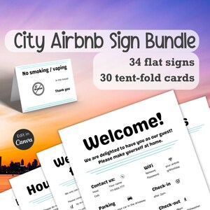 Zestaw znaków Airbnb do edycji w mieście, znak powitalny, znak hasła Wi-Fi, zasady domu, szablon Canva, instrukcja wymeldowania, lista kontrolna sprzątania