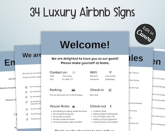 Modelli di pacchetti di cartelli di lusso Airbnb, cartello della password wifi, regole della casa, segnaletica modificabile, modelli Canva, cartelli VRBO, cartello della piscina e della vasca idromassaggio