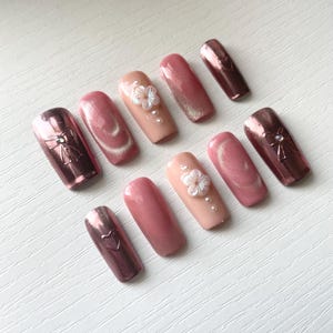 Chrome Press on Nails / Size Sm / Hand Painted Nails / Faux Nails / Premade Press ons / Cat eye nails