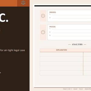 May include: A legal writing template document featuring the text I.R.A.C. LEGAL WRITING TEMPLATE. The layout includes sections for ISSUE(S), RULE(S), and a table for ANALYSIS with columns for EXPLANATION and LAW, all set against a dark brown and cream background.