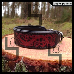 May include: A black leather dog collar with a red Celtic knot design. The collar has a silver-colored buckle and is displayed on a wooden surface. The words "Digital pattern!" are in the top right corner.