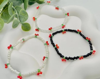 Pulsera de cerezas, pulsera de perlas para mujer, joyería Y2K, linda pulsera de cerezas, regalo hecho a mano para ella, accesorios de verano, joyería de cerezas
