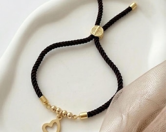 Pulsera de corazón hecha a mano en color marrón café, pulsera de cordón de seda, joyería minimalista de la suerte, regalo para ella.